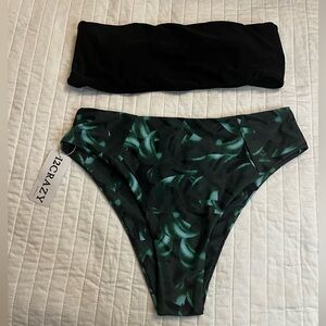 12 Crazy 2 Piece Bandeau  tropical print Green/Black Swimsuit bikini